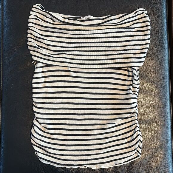 Zara Ribbed Stretch Knit Off-Shoulder Striped Top Shirt Cream/Black - Picture 7 of 11